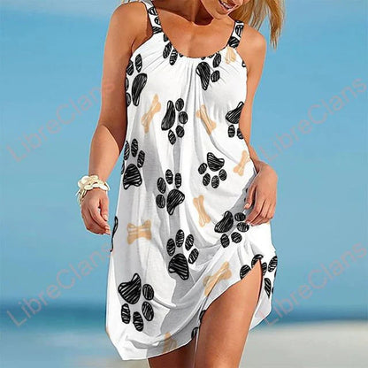 Leichtes Damen Strandkleid – ärmellos mit Pfotenmuster, Baumwolle, für Strandtage 0