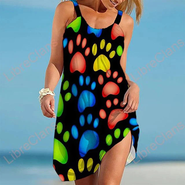 Leichtes Damen Strandkleid – ärmellos mit Pfotenmuster, Baumwolle, für Strandtage 1