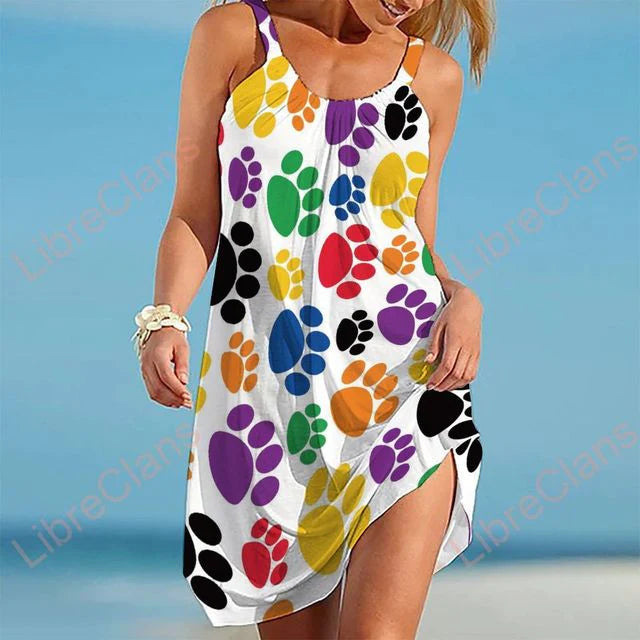Leichtes Damen Strandkleid – ärmellos mit Pfotenmuster, Baumwolle, für Strandtage 2