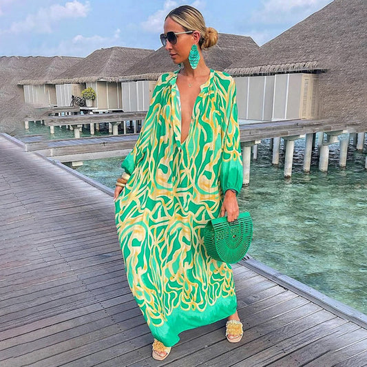 Leichtes und fließendes Damen Boho Kleid – langärmlig, atmungsaktives Polyester, für Strand und Freizeit 0
