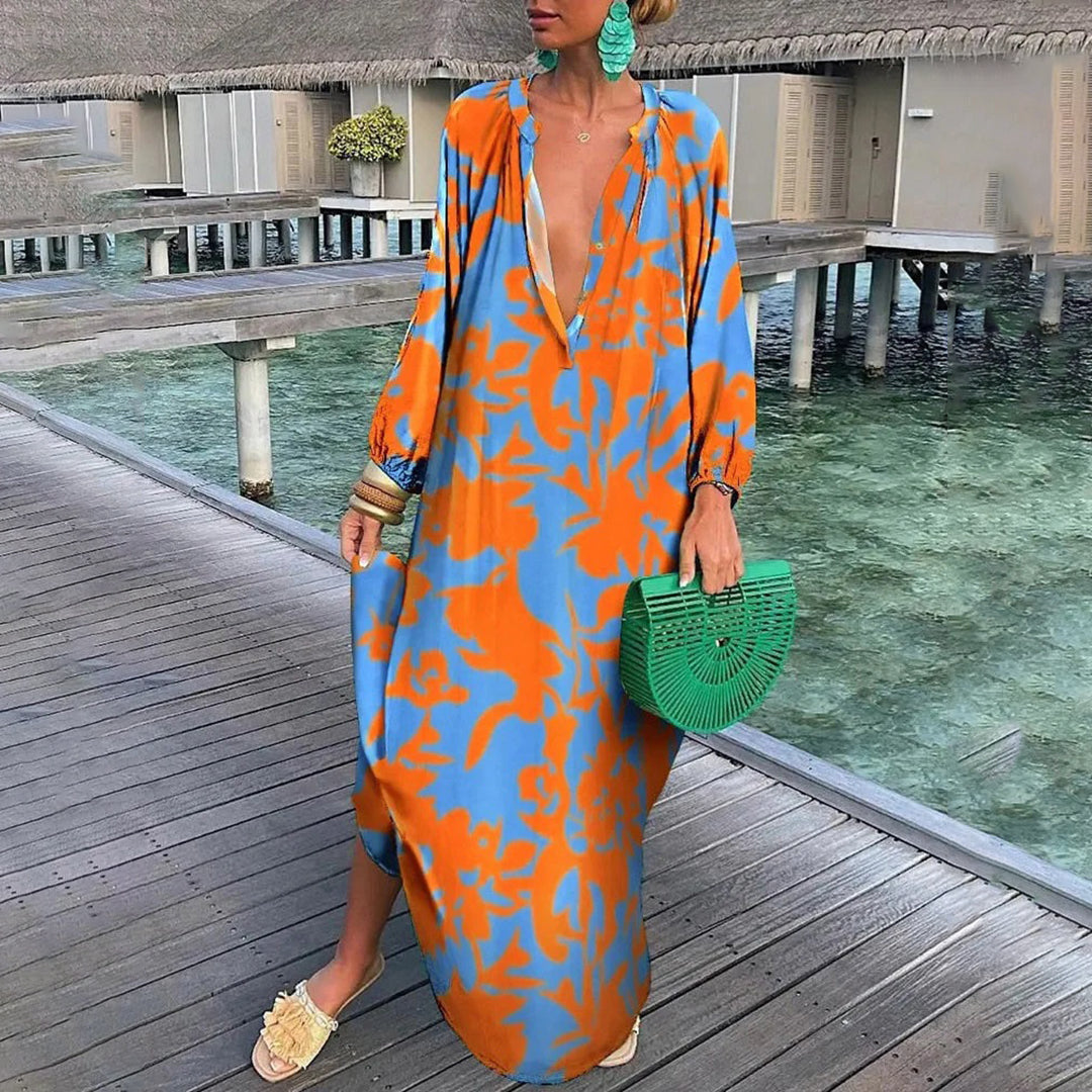 Leichtes und fließendes Damen Boho Kleid – langärmlig, atmungsaktives Polyester, für Strand und Freizeit 1
