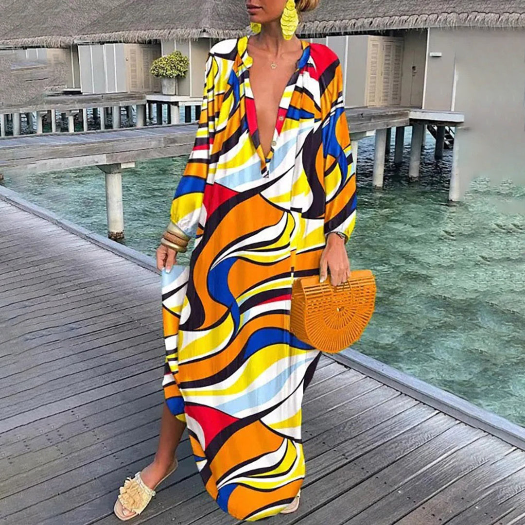 Leichtes und fließendes Damen Boho Kleid – langärmlig, atmungsaktives Polyester, für Strand und Freizeit 4