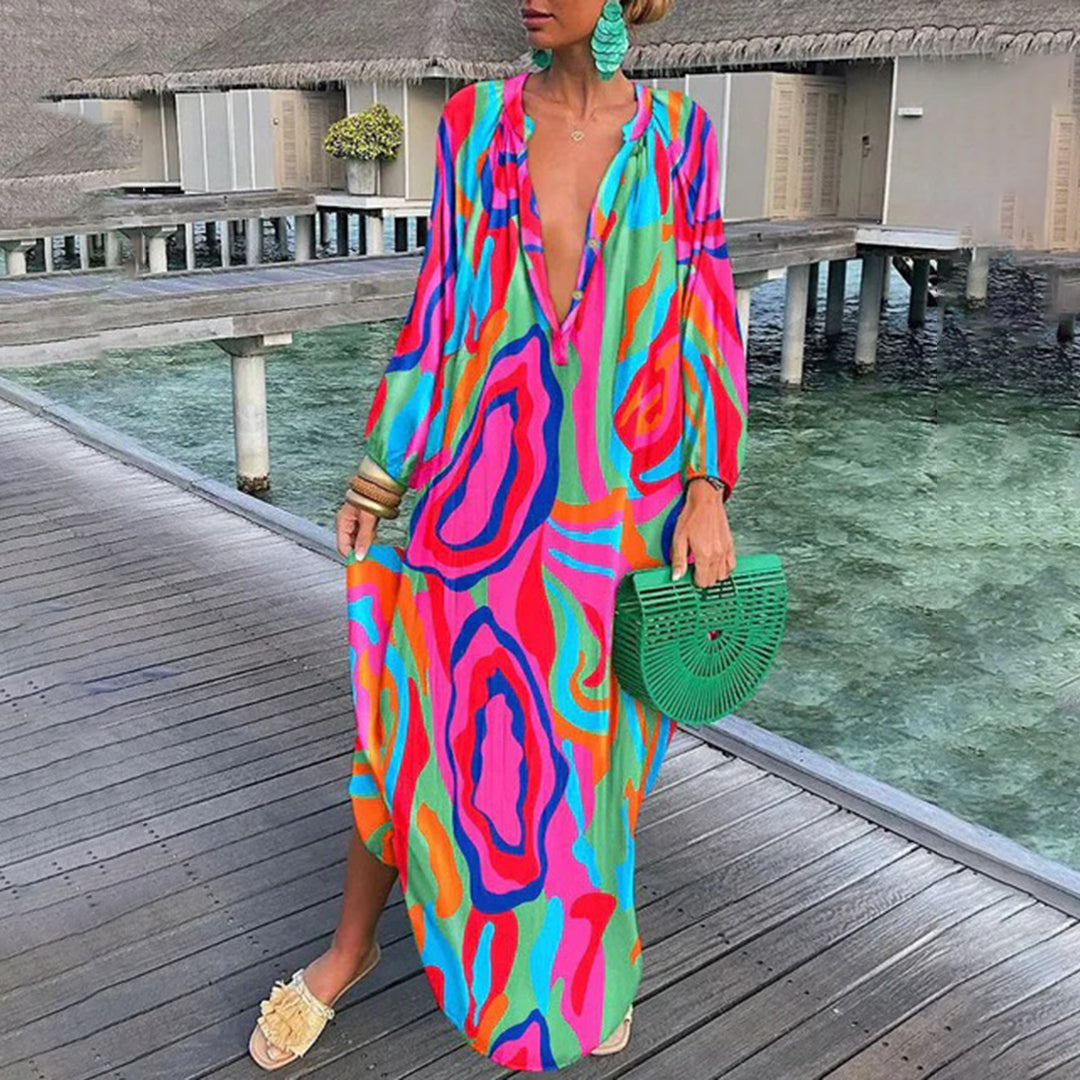 Leichtes und fließendes Damen Boho Kleid – langärmlig, atmungsaktives Polyester, für Strand und Freizeit 5
