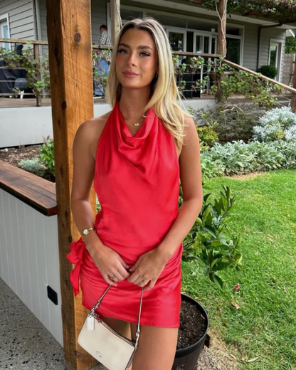 Pinkes Cocktailkleid Damen Mit Tiefem Cowl-Ausschnitt Und Niedrigem Rücken, Mini