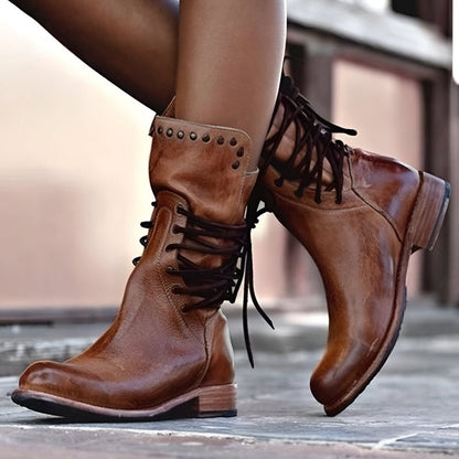 Women’s Studded Lace-Up Boots Vintage Style with Low Heel