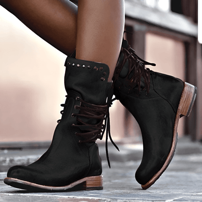 Women’s Studded Lace-Up Boots Vintage Style with Low Heel
