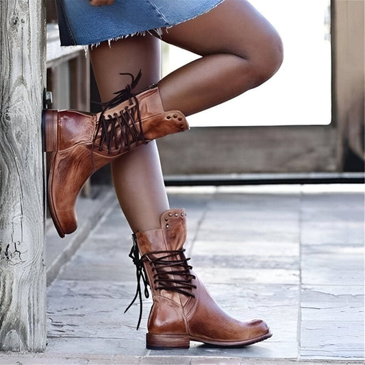 Women’s Studded Lace-Up Boots Vintage Style with Low Heel