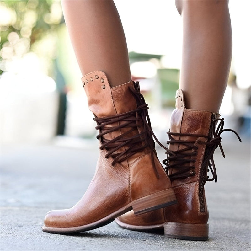 Women’s Studded Lace-Up Boots Vintage Style with Low Heel