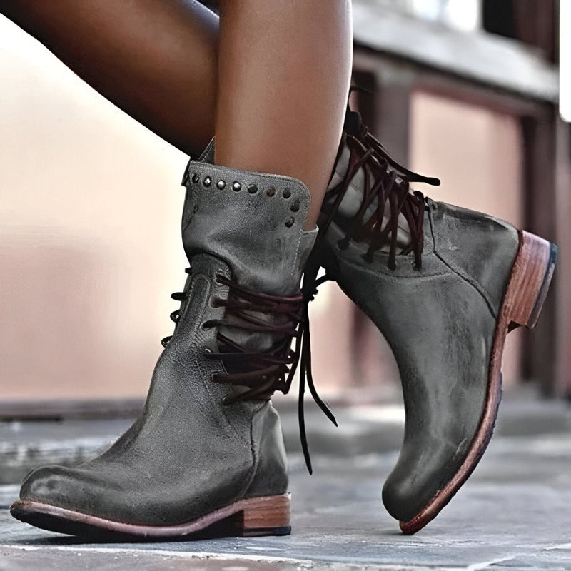 Women’s Studded Lace-Up Boots Vintage Style with Low Heel