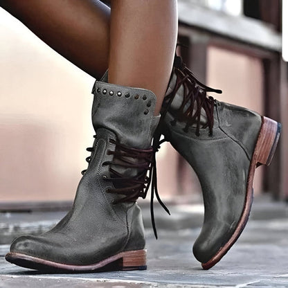 Women’s Studded Lace-Up Boots Vintage Style with Low Heel
