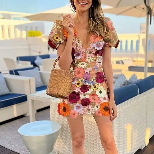 Blumen-Mini-Kleid für Damen mit tiefem V-Ausschnitt und Puffärmel, perfektes Kleid für Hochzeitsgast in Multi-Color