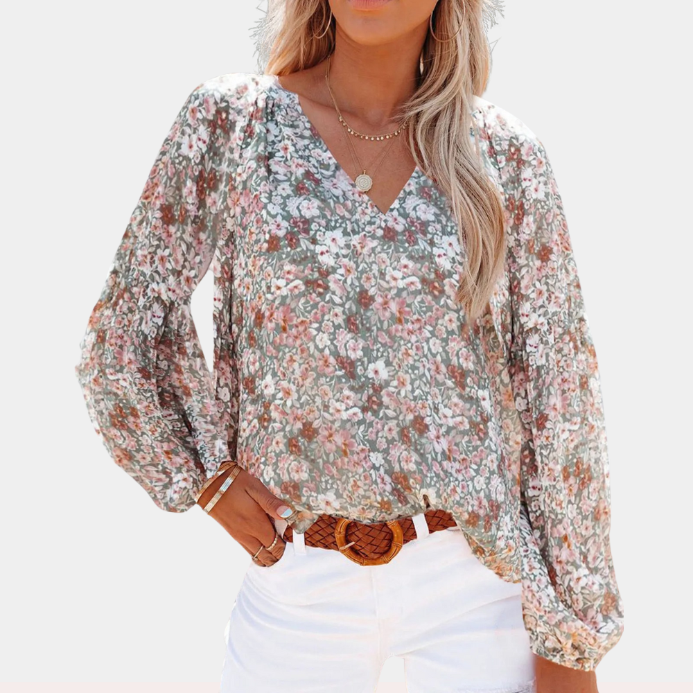 Luftige Damenbluse – langärmeliges Blumenmuster, atmungsaktives Material, für den Sommer 2