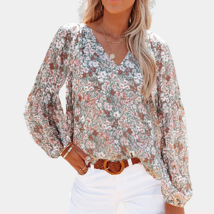 Luftige Damenbluse – langärmeliges Blumenmuster, atmungsaktives Material, für den Sommer 2