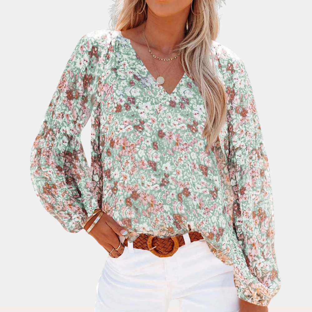 Luftige Damenbluse – langärmeliges Blumenmuster, atmungsaktives Material, für den Sommer 3