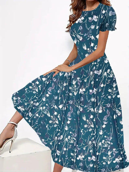 Luftiges Damen Kleid – blumiger Rundhalsausschnitt, leichtes Material, für Frühling und Sommer 1