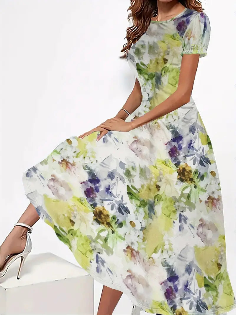 Luftiges Damen Kleid – blumiger Rundhalsausschnitt, leichtes Material, für Frühling und Sommer 4