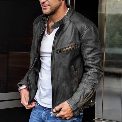 Modern Men’s Biker Jacket Stand-up Collar & Functional Zip Pockets