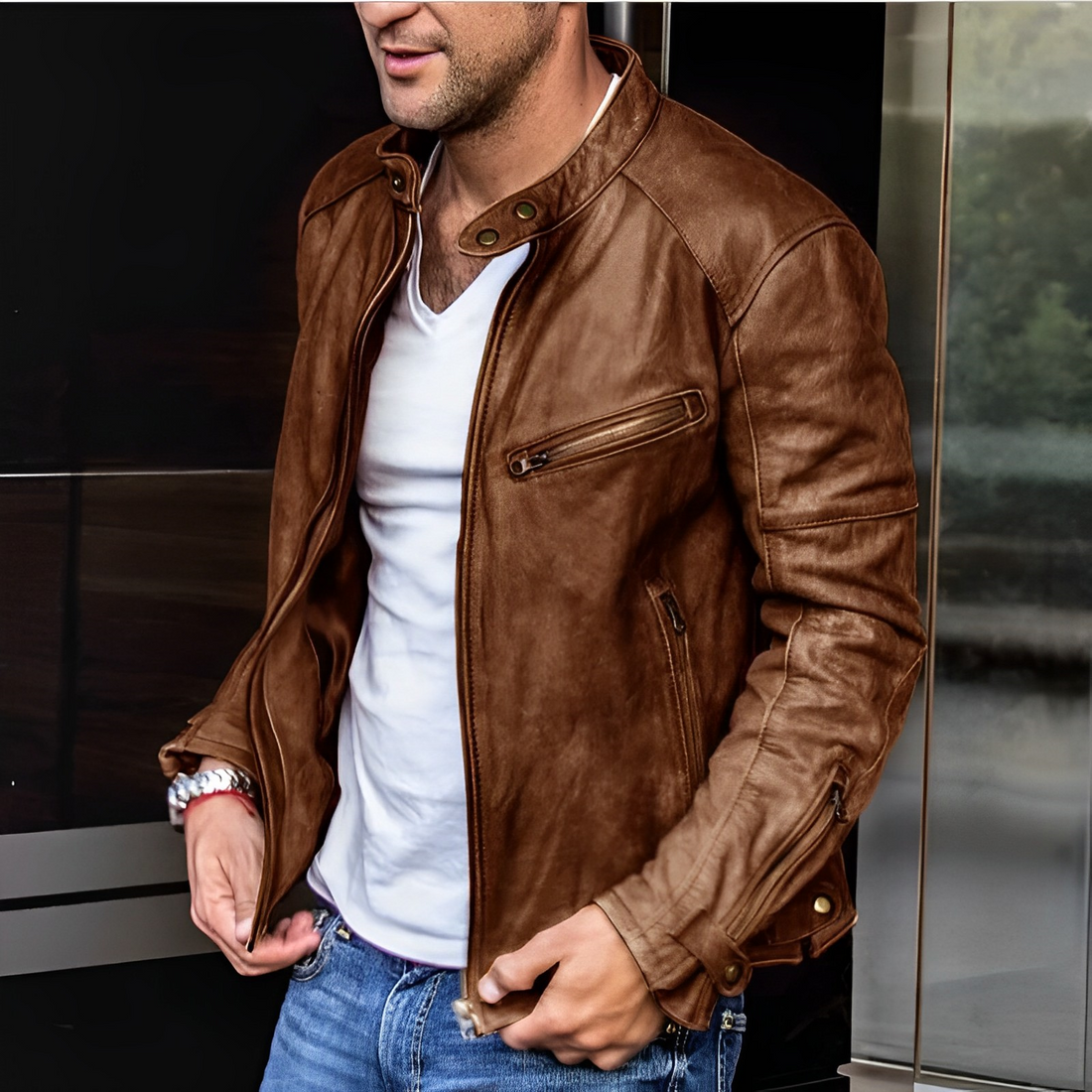 Modern Men’s Biker Jacket Stand-up Collar & Functional Zip Pockets