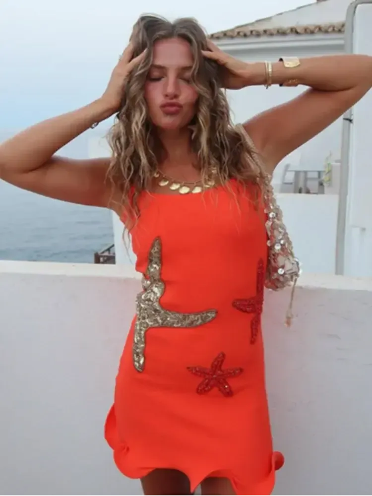 Variant image for Sommer-Minikleid Damen Mit Gekräuseltem Saum Und Perlensternverzierungen-6