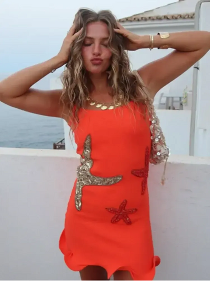 Variant image for Sommer-Minikleid Damen Mit Gekräuseltem Saum Und Perlensternverzierungen-6
