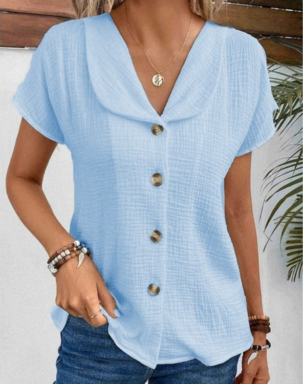 Variant image for Schicke Damenbluse, Entspannter Sommertop Mit Button-Down-Design Und Kurzen Ärmeln, Atmungsaktiv, Für Jede Gelegenheit-9