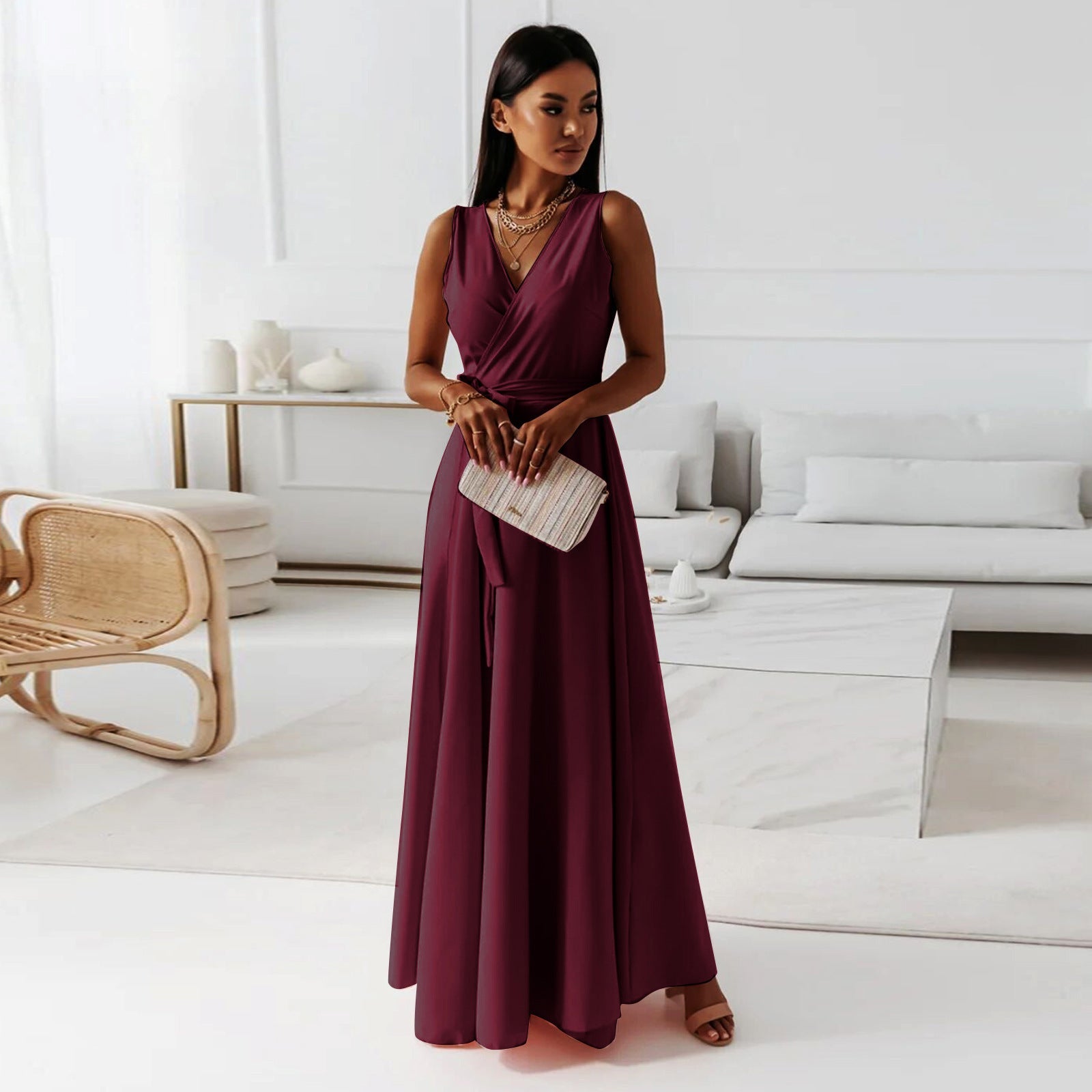 Variant image for Elegantes Maxikleid Damen Mit V-Ausschnitt - Vielseitiges Langes Kleid Für Jeden Anlass-9