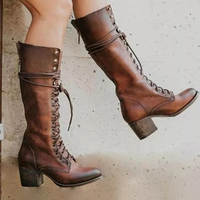 Women’s Lace-Up Knee High Boots Stylish Chunky Heel Design