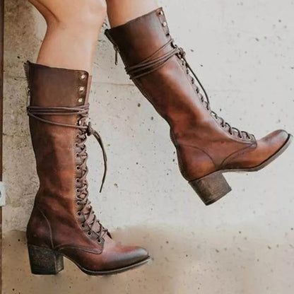 Women’s Lace-Up Knee High Boots Stylish Chunky Heel Design