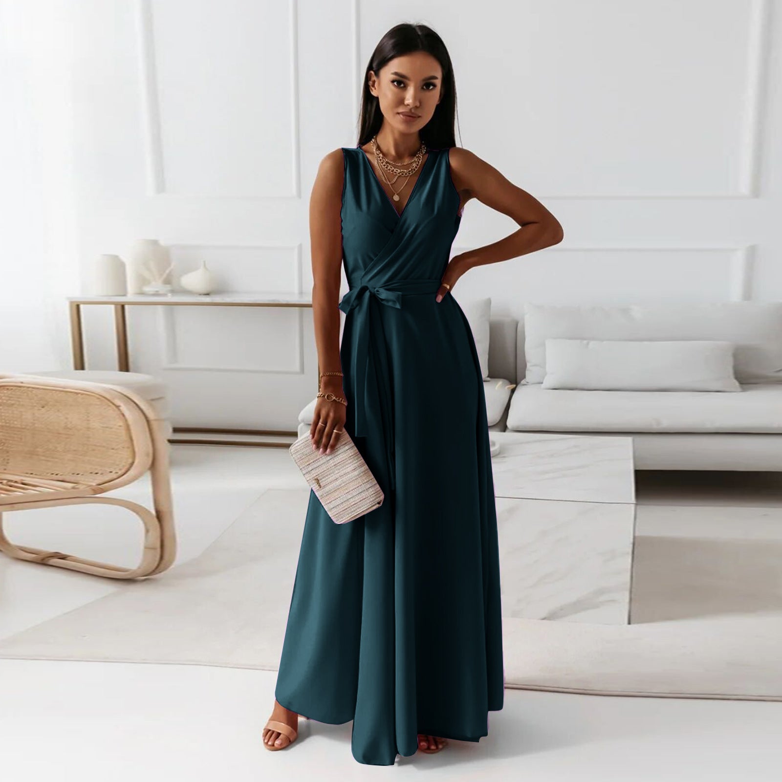 Variant image for Elegantes Maxikleid Damen Mit V-Ausschnitt - Vielseitiges Langes Kleid Für Jeden Anlass-5