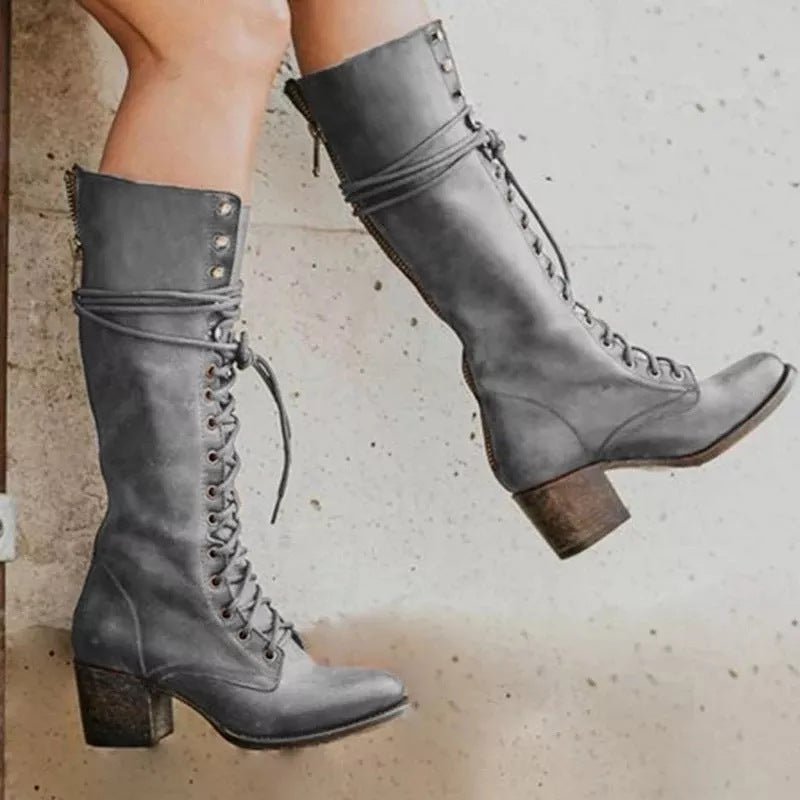 Women’s Lace-Up Knee High Boots Stylish Chunky Heel Design