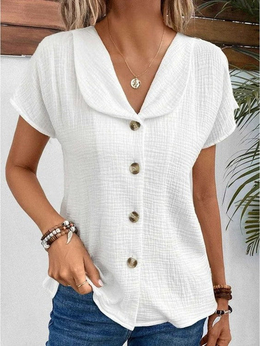 Schicke Damenbluse, Entspannter Sommertop Mit Button-Down-Design Und Kurzen Ärmeln, Atmungsaktiv, Für Jede Gelegenheit-1