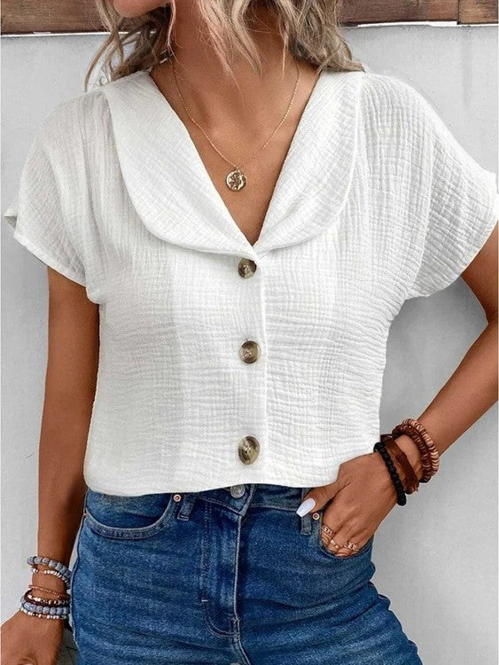 Schicke Damenbluse, Entspannter Sommertop Mit Button-Down-Design Und Kurzen Ärmeln, Atmungsaktiv, Für Jede Gelegenheit-3