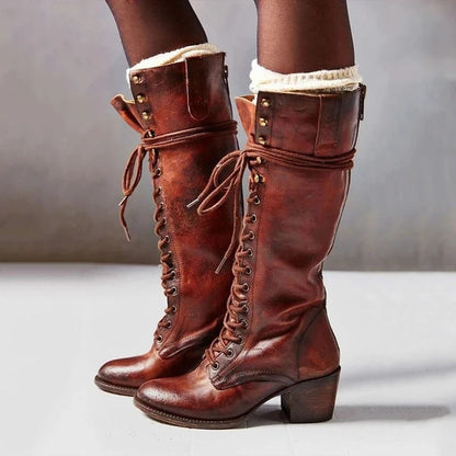 Women’s Lace-Up Knee High Boots Stylish Chunky Heel Design