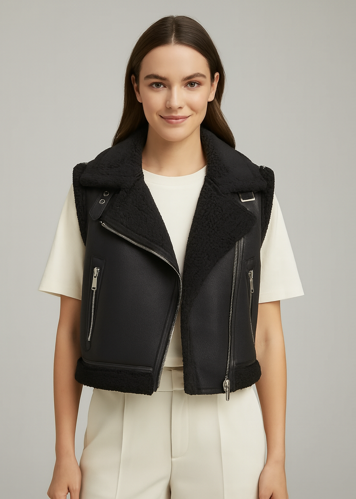 Damen Teddyweste mit breitem Kragen und Reißverschlussdetails