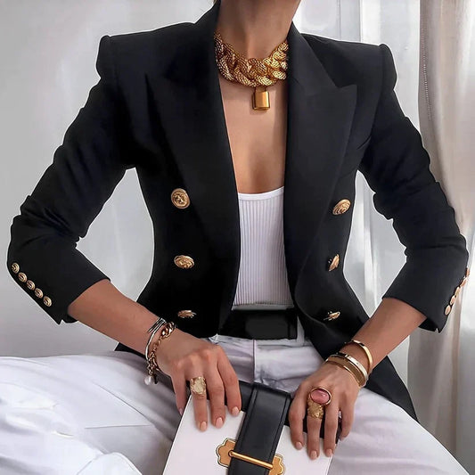 Women's Classic Black Blazer Double-Breasted Design with Gold Accents