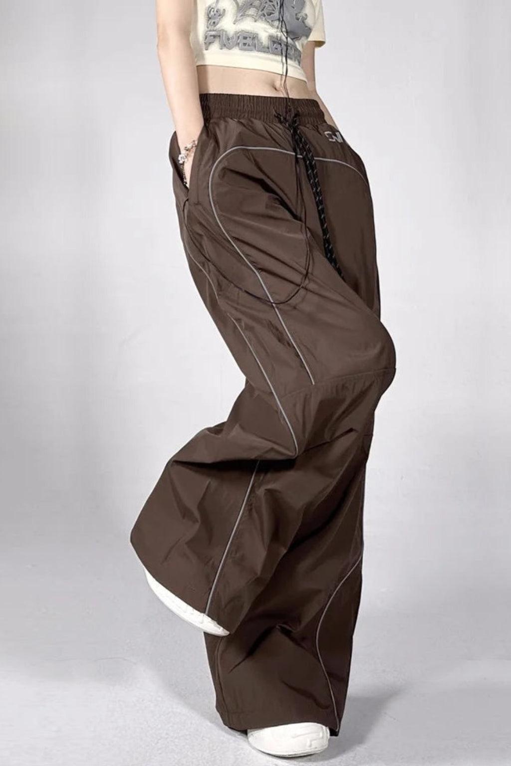 Braune Fallschirmhosen Mit Einstellbarem Drawcord, Sechs-Taschen-Design, Übergroße Passform Für Lässige Und Urbane Outfits-4