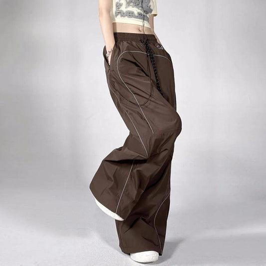 Braune Fallschirmhosen Mit Einstellbarem Drawcord, Sechs-Taschen-Design, Übergroße Passform Für Lässige Und Urbane Outfits-1