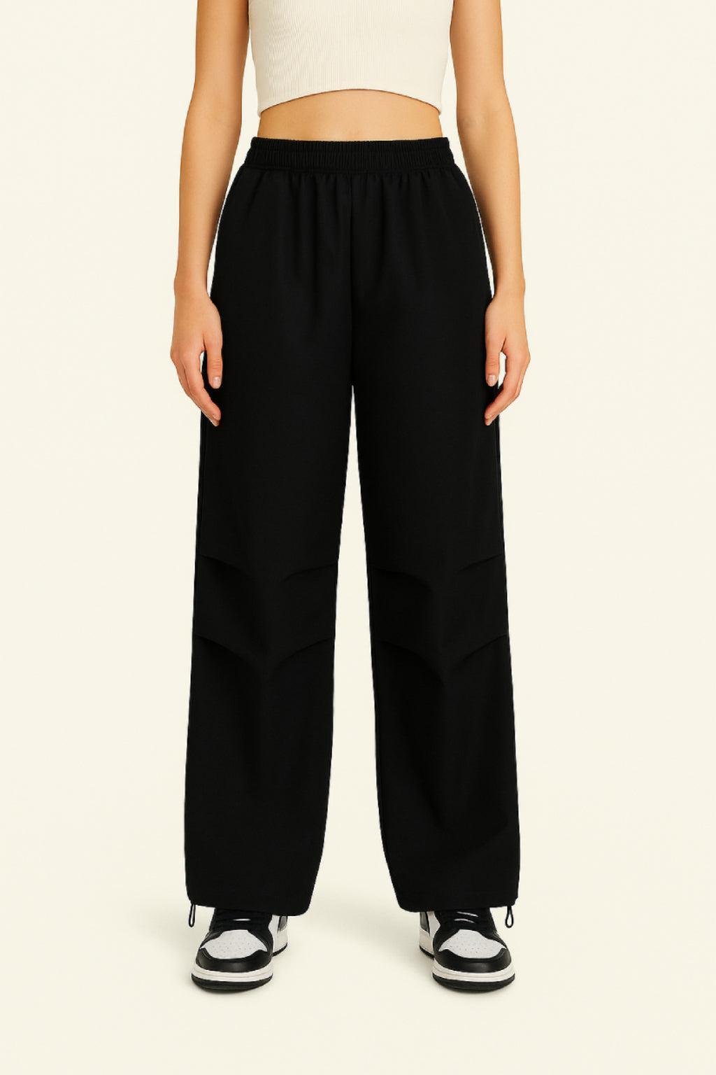 Schwarze Fallschirmhosen Mit Verstellbarer Taille Und Mehreren Taschen-4
