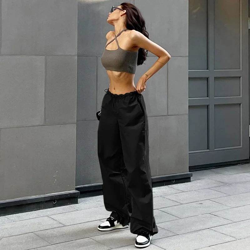 Schwarze Fallschirmhosen Mit Verstellbarer Taille Und Mehreren Taschen-1