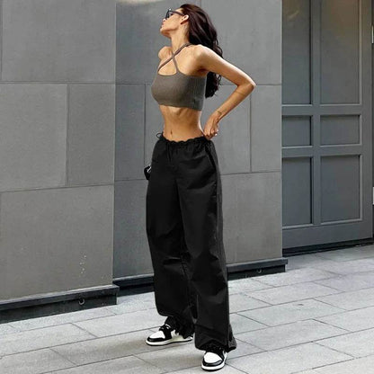Schwarze Fallschirmhosen Mit Verstellbarer Taille Und Mehreren Taschen-1