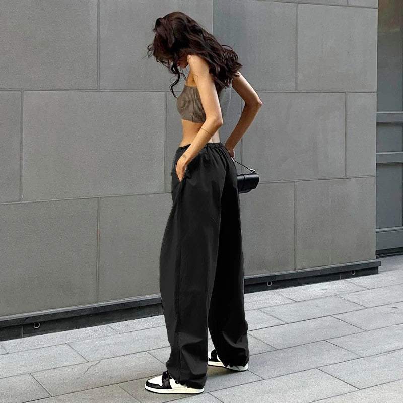 Schwarze Fallschirmhosen Mit Verstellbarer Taille Und Mehreren Taschen-5