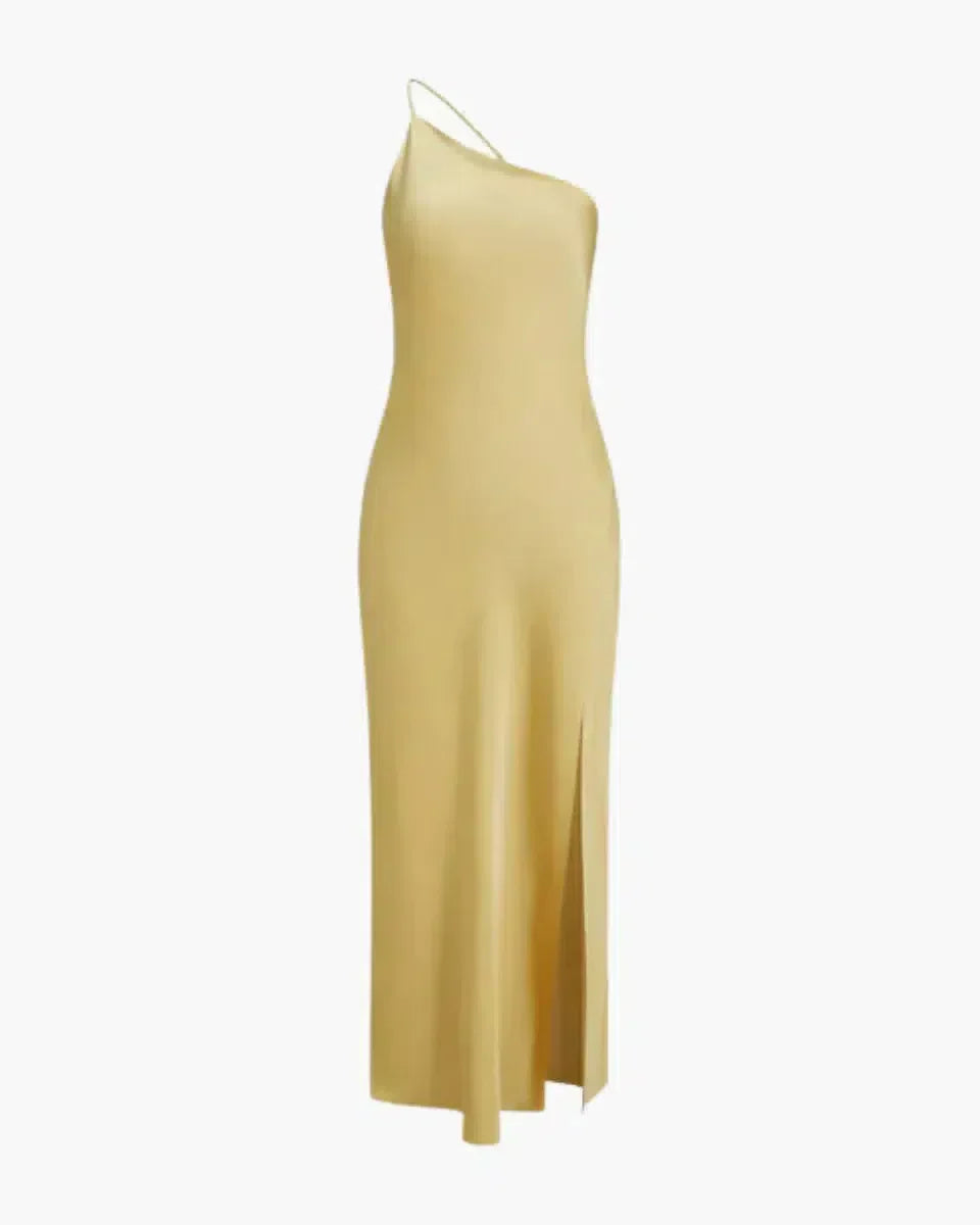 Geschichtetes Maxikleid für Frauen mit Kreuzträgern und fließendem Rock in lebhaftem Gelb für Sommerveranstaltungen