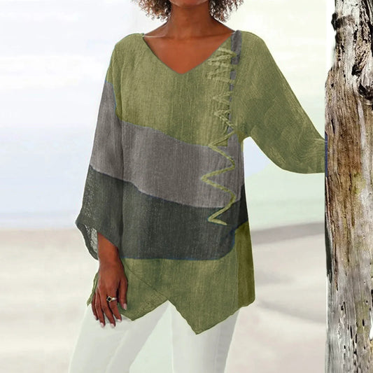 Damen T-Shirt Langarmshirt mit V-Ausschnitt im Patchwork-Stil – Trendige Oberteile für jeden Anlass-1