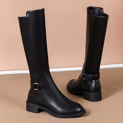 Women’s Black Knee-High Boots Elegant Buckle Detail & Side Zip
