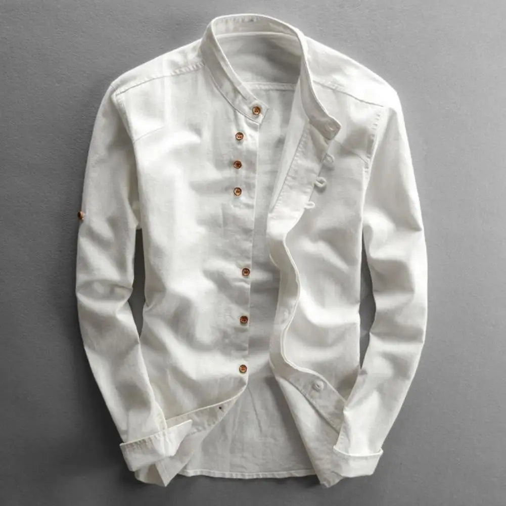 Herren Hemd Langarm Einfarbig Vintage Slim Fit mit Stehkragen und Knöpfen - Herrenhemden Langarm für Jede Gelegenheit