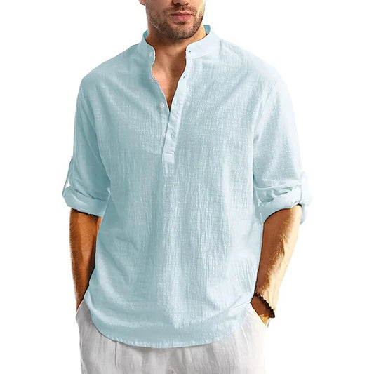 Herren Leinen Hemd Langarm Casual Strand Sommer Hemd mit Bandenkragen