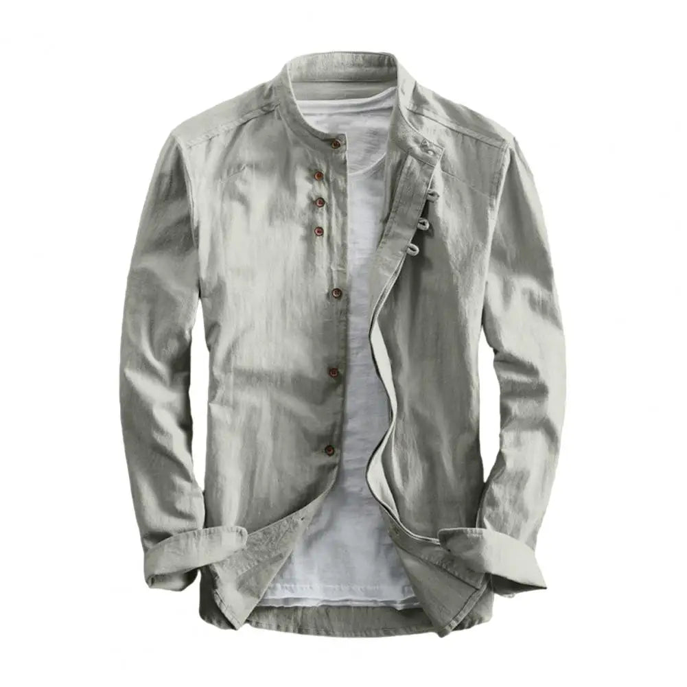 Variant image for Herren Hemd Langarm Einfarbig Vintage Slim Fit mit Stehkragen und Knöpfen - Herrenhemden Langarm für Jede Gelegenheit-11