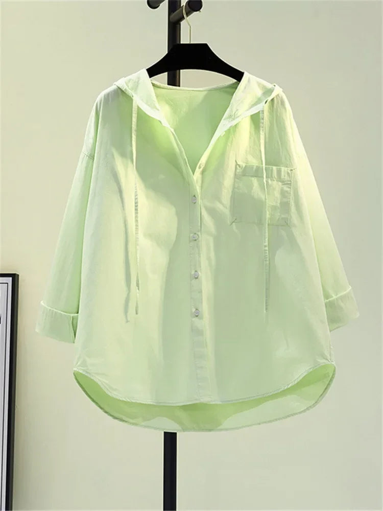 Frauen Bluse Aus Weicher Baumwolle Mit Kapuze In Lässiger Passform-5
