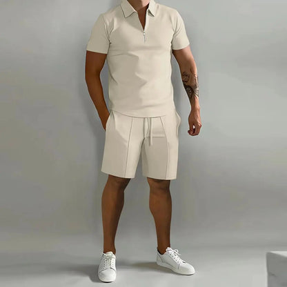 Festes Farbpolo-Hemd Und Vertikale Streifenhosen Set - Lässige Sportkleidung Für Freizeit Und Sport-6