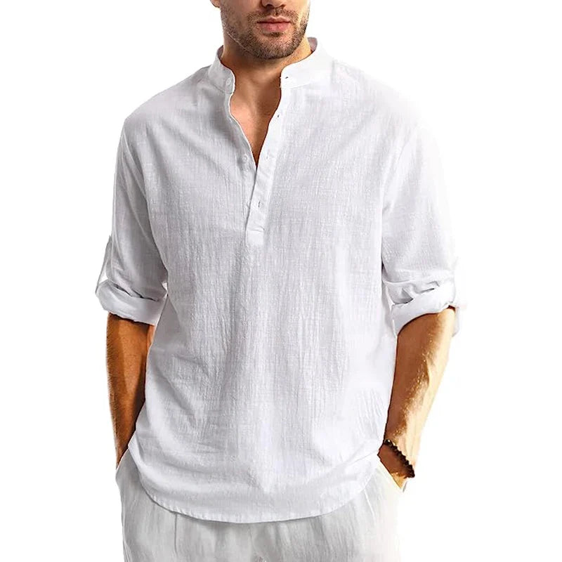 Herren Leinen Hemd Langarm Casual Strand Sommer Hemd mit Bandenkragen